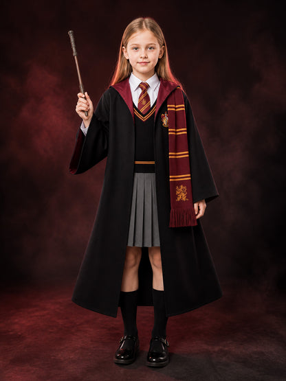 Hooded Wizard Robe Costume Set with Tie, Scarf, Shirt, Vest, Skirt and Wand