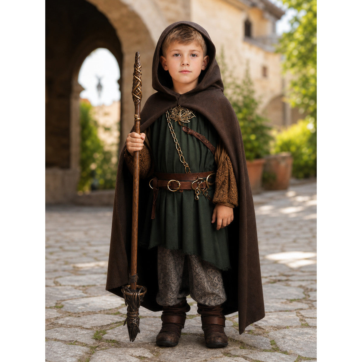 Brown hooded cloak shown on a child in an outdoor stone setting, styled with a staff, green tunic, belt, trousers, and boots