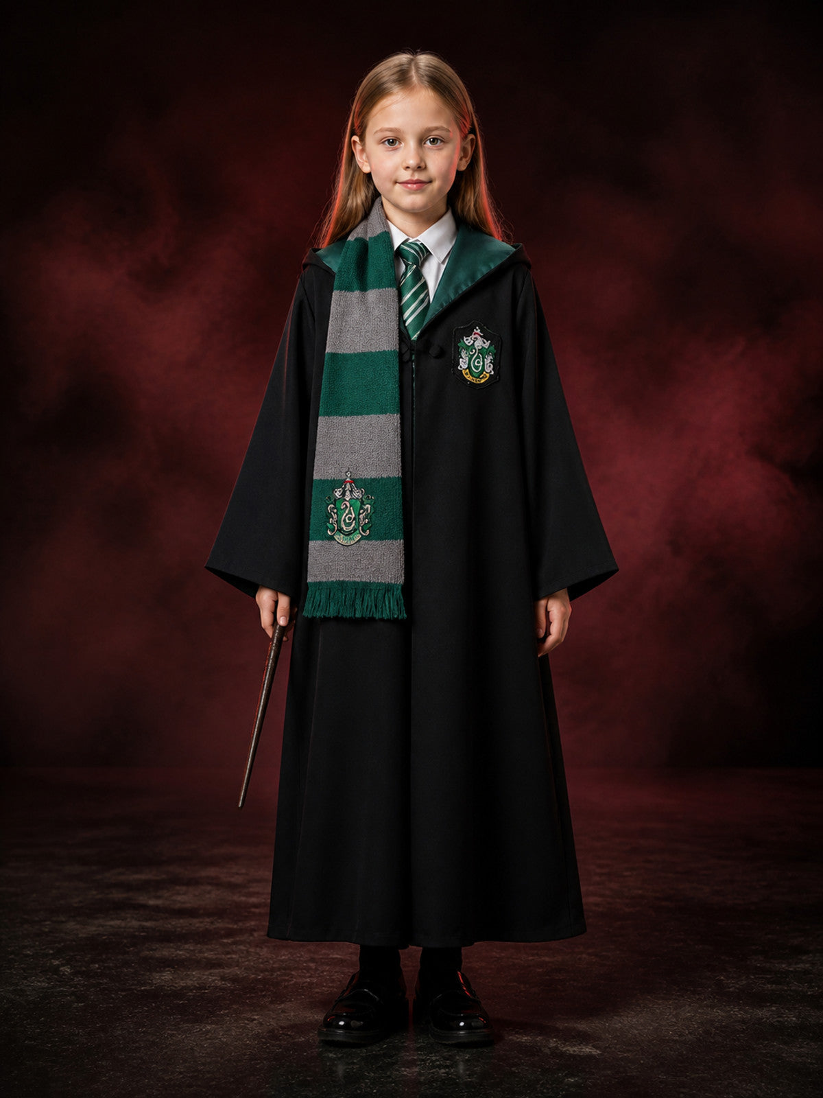Slytherin Hooded Wizard Robe Costume Set with Tie and Scarf for Halloween main product view