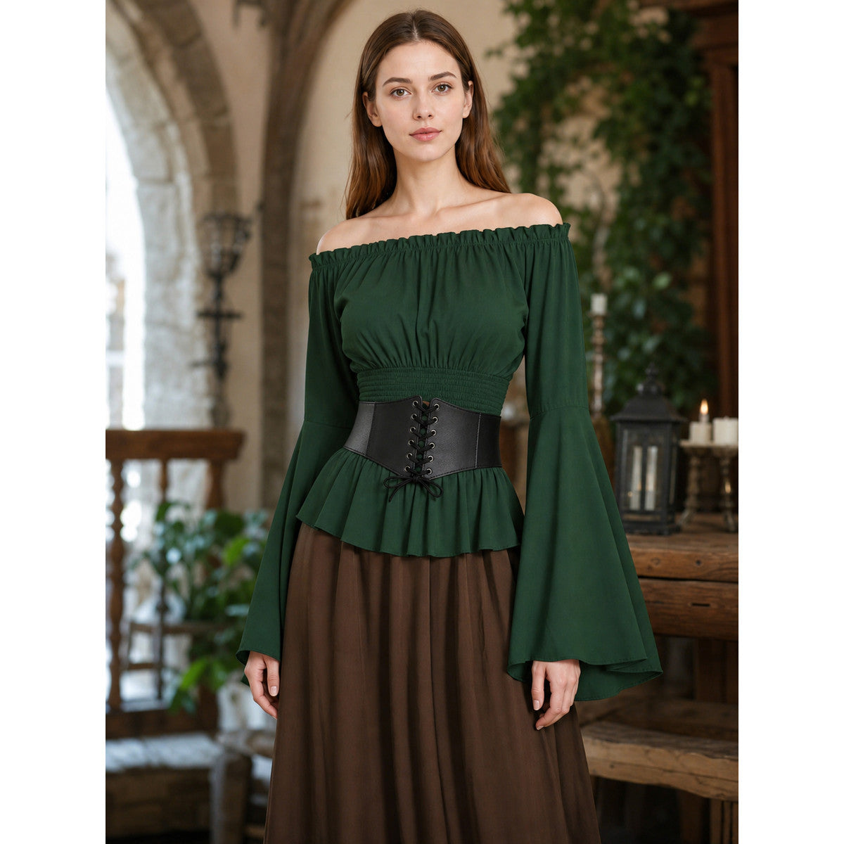 Off-the-Shoulder Blouse with Green Belt lifestyle view