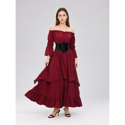 Burgundy Maxi Dress with Ruffles and Lace-Up Detail