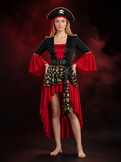 Women's Pirate Costume Set with Skull Hat, Belt and Long-Sleeve Dress main product view