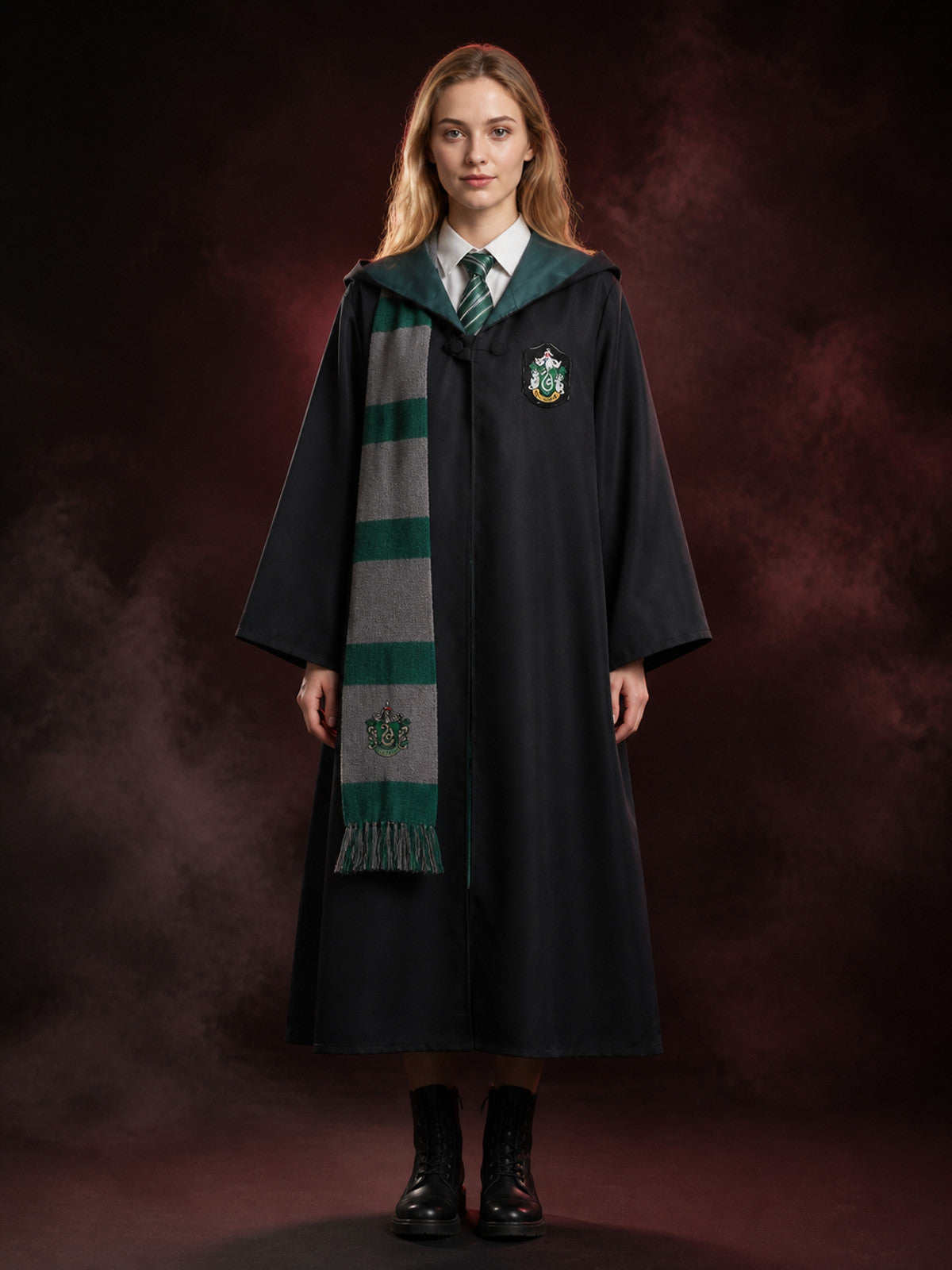 Slytherin Hooded Wizard Robe Costume Set with Tie and Scarf - Green Gray main product view 2