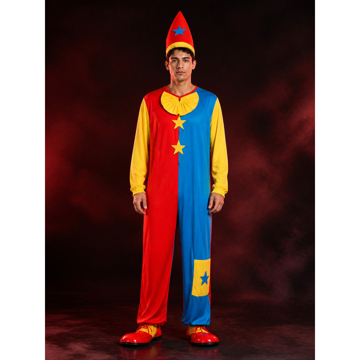 Unisex Clown Jumpsuit Costume Set With Pointed Hat And Star Decorations For main product view