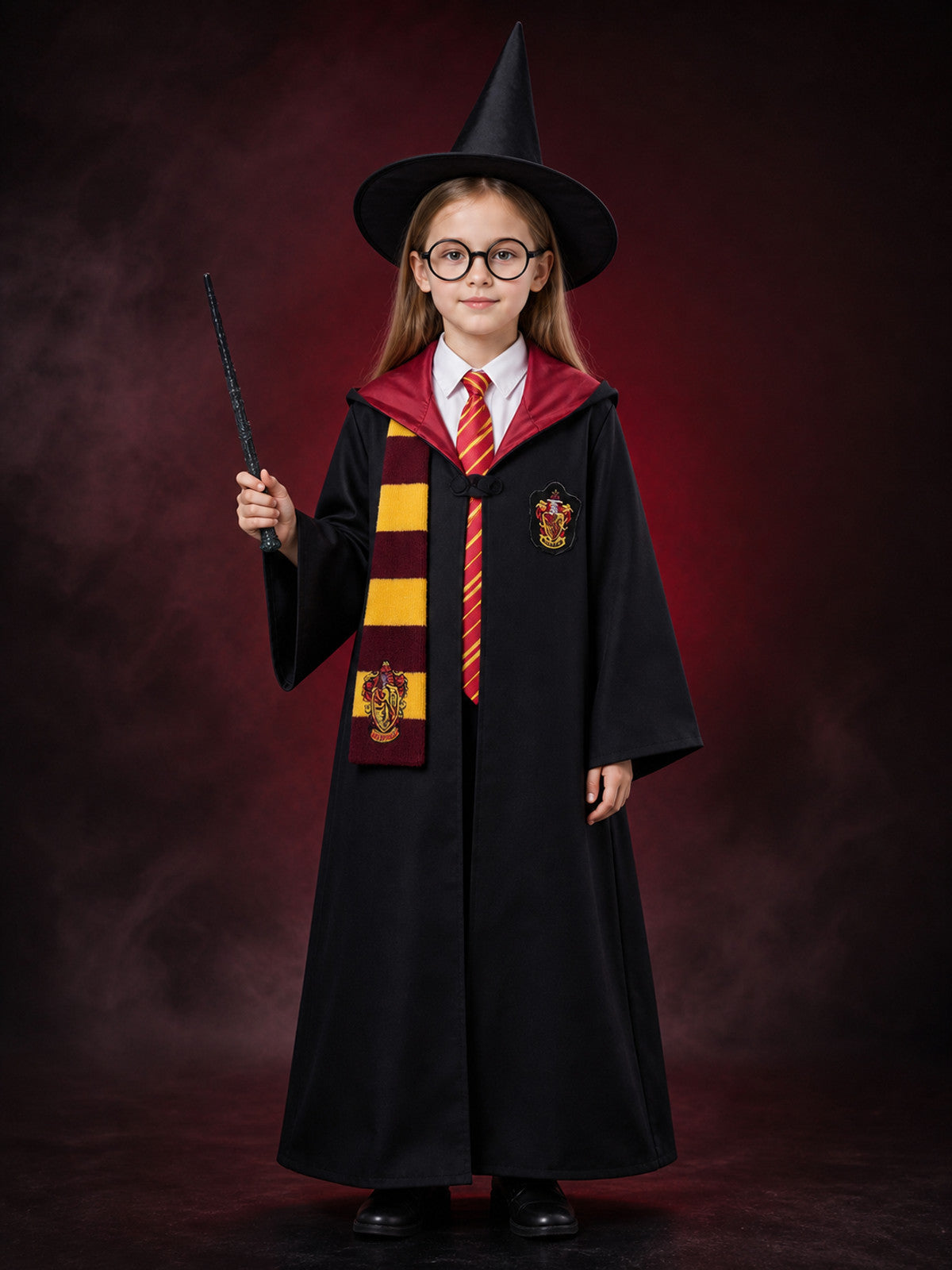 Kids Wizard Hooded Robe Costume Set with Scarf, Hat, Glasses & Wand main product view