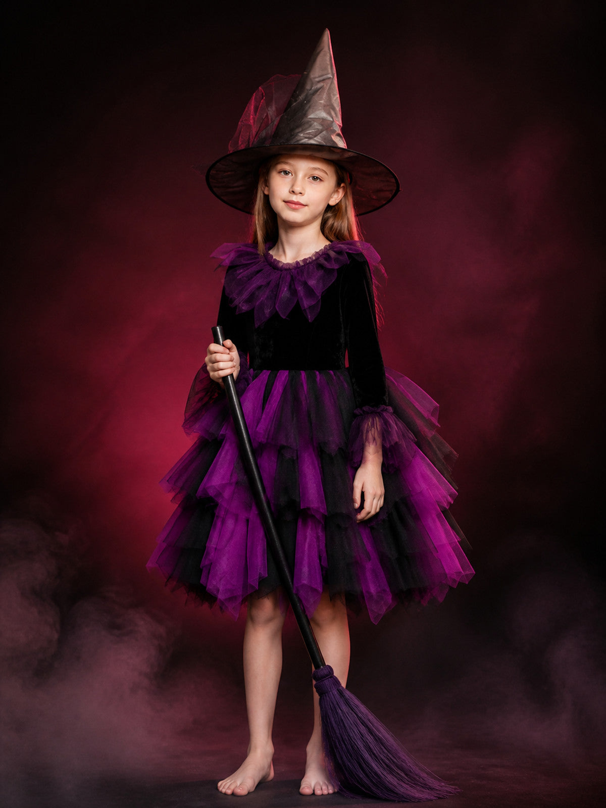 Women's Witch Costume Set, Black & Purple Layered Tulle Dress for Halloween