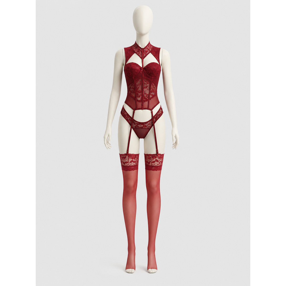Lace Waist-Cinching Corset with Butterfly Detail and Garters, S-L side view