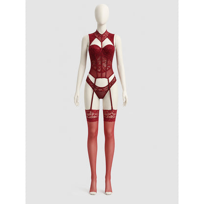 Lace Waist-Cinching Corset with Butterfly Detail and Garters, S-L side view