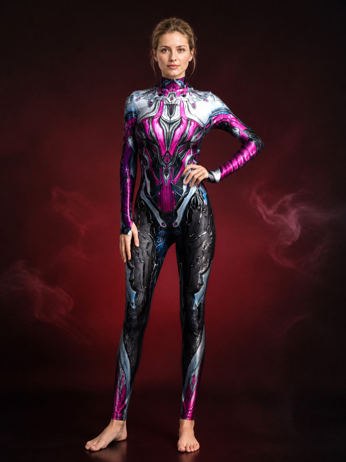 Neon Pink, Silver & Black Sci-Fi Armor Print Long-Sleeve Bodysuit Costume