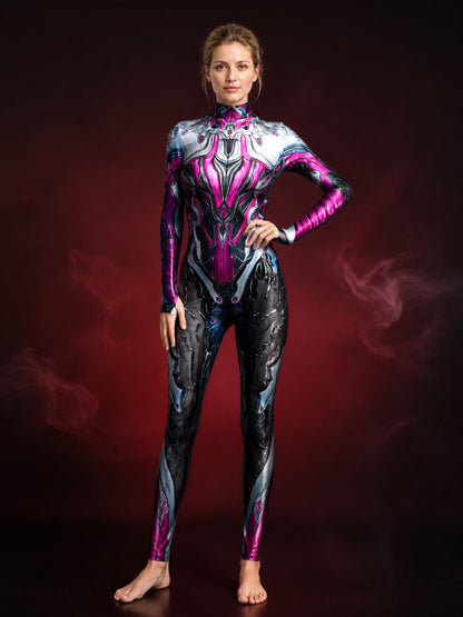 Neon Pink, Silver & Black Sci-Fi Armor Print Long-Sleeve Bodysuit Costume