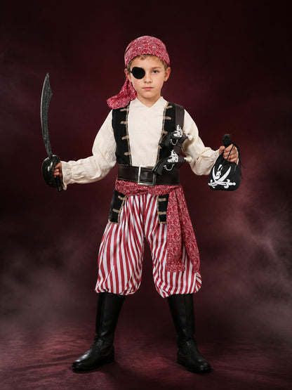 Kids Pirate Costume Set - Red and White Striped Pants, Black Vest, White Shirt main product view