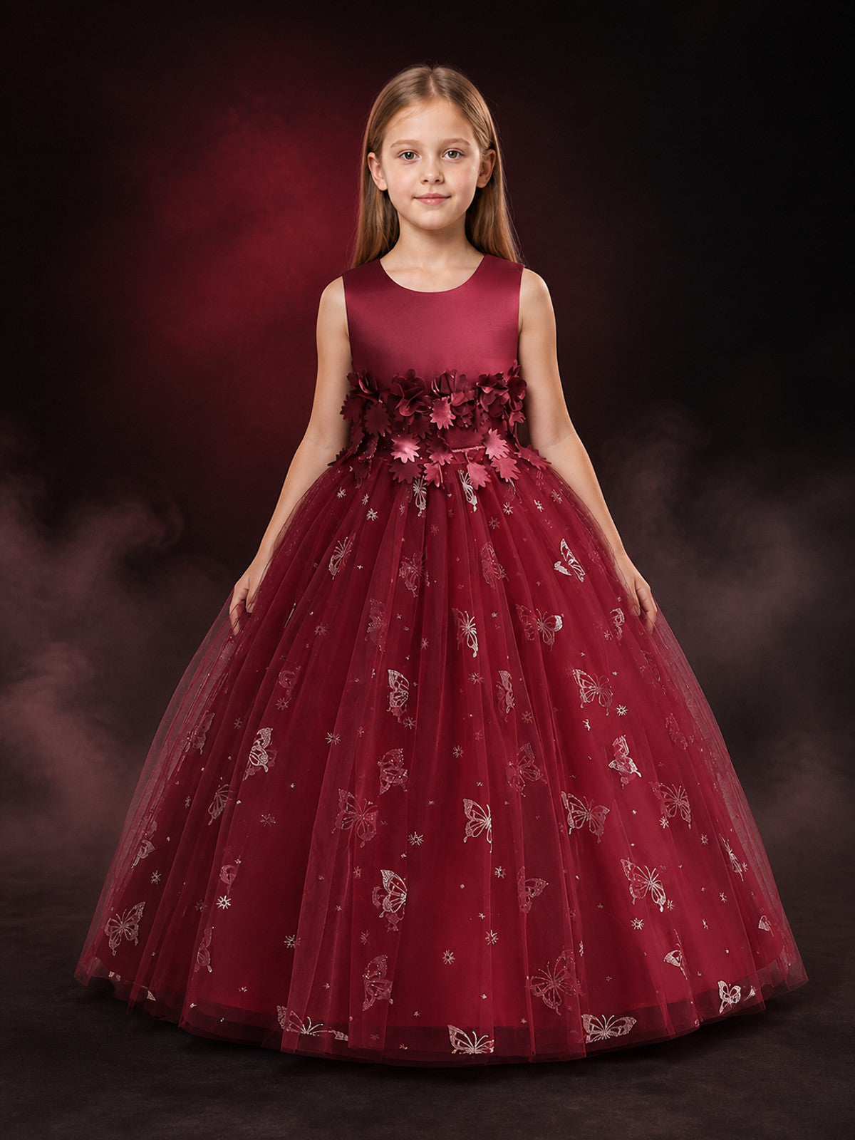 Girls' Princess Dress, Layered Tulle Gown With Satin Bodice, Floral Waist and