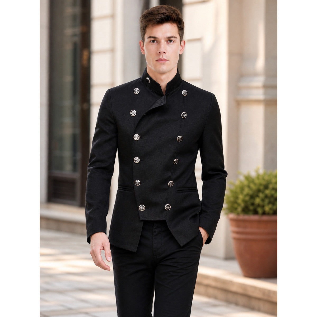 Black jacket with an asymmetrical double-breasted placket