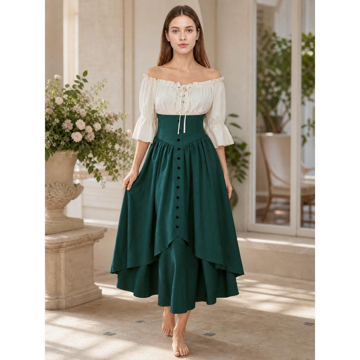 Vintage dress with a full skirt, ruffles, and sleeves