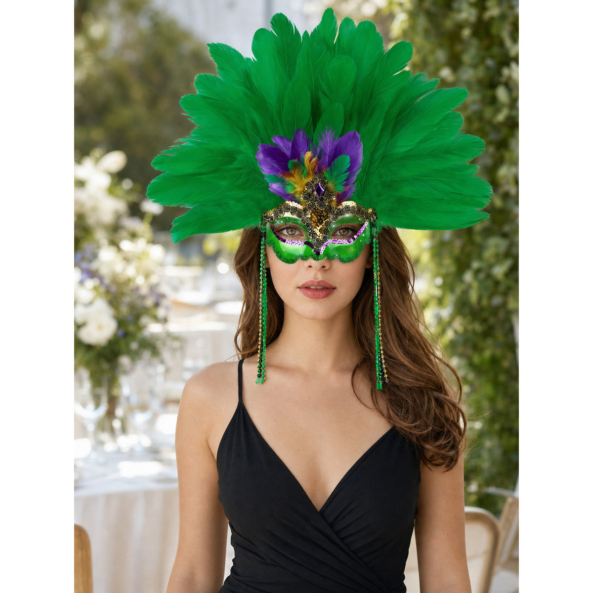 Mask with Green Feathers and Purple Details