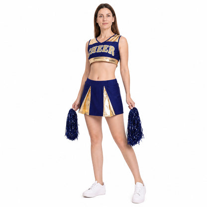 Cheerleading Uniform: Top and Skirt, Navy Blue with Gold Costumes detail