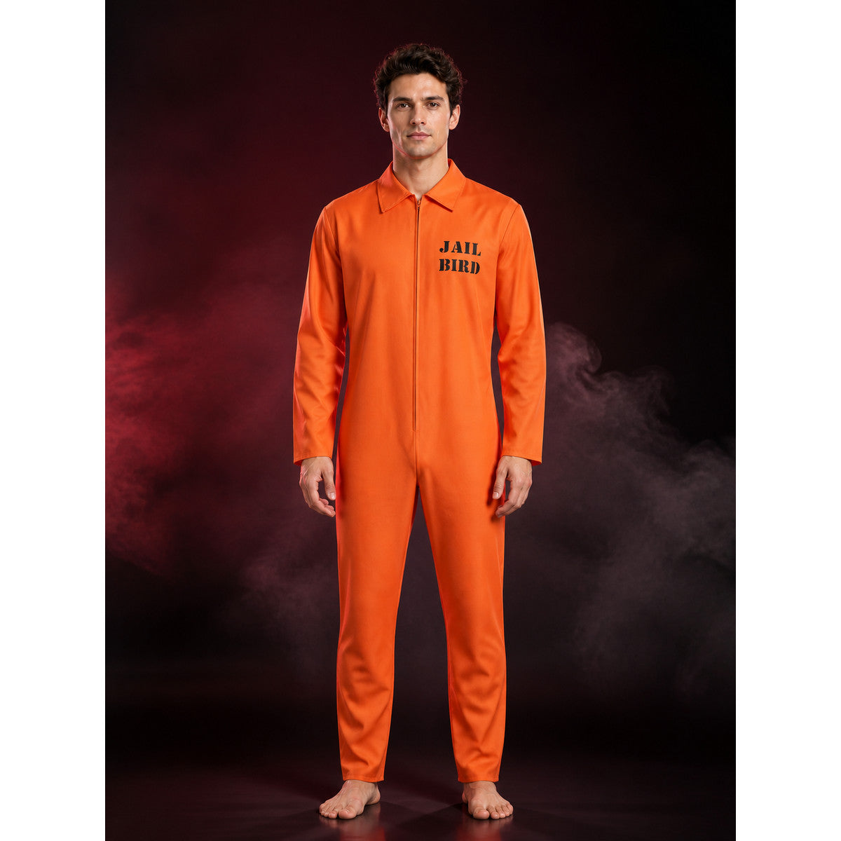 Orange Prisoner Jumpsuit Costume, Collared Long Sleeve Zip-Up Halloween Cosplay main product view