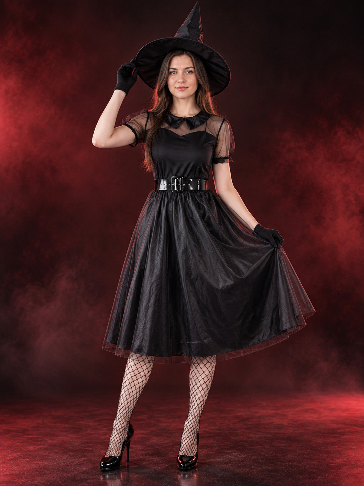 Black Witch Costume with Dress, Hat, Belt and Gloves