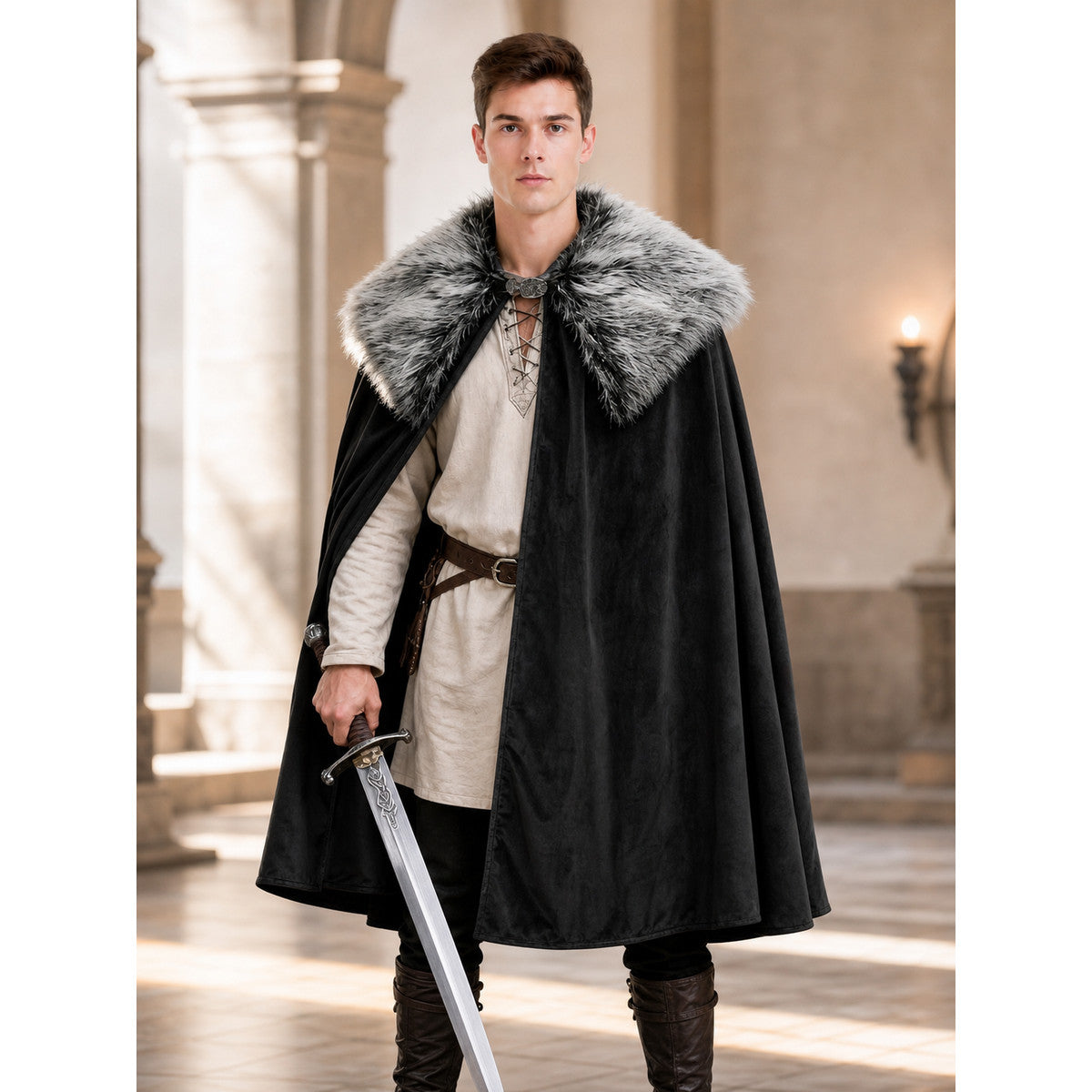 Black cloak with a gray faux fur collar, styled on a model wearing a cream tunic and holding a sword indoors