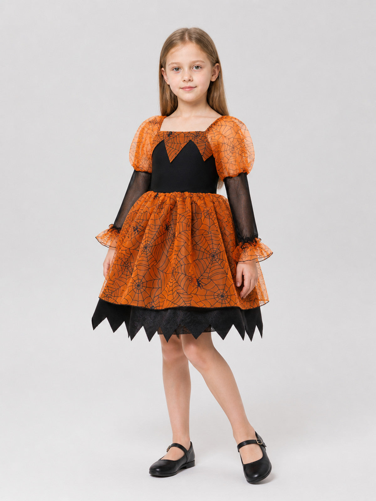Orange and Black Princess Dress with Spiderweb Pattern