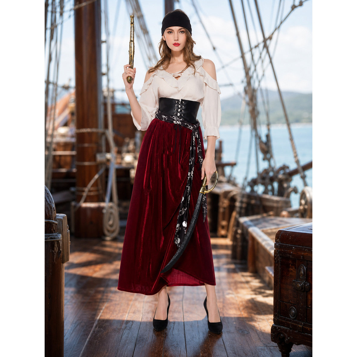 Pirate Carnival Costume with Corset and Skirt lifestyle view