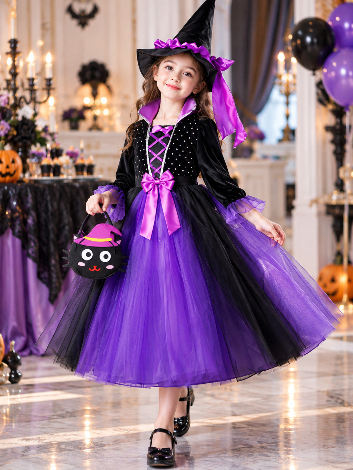 Kids' Witch Costume with Hat and Bag