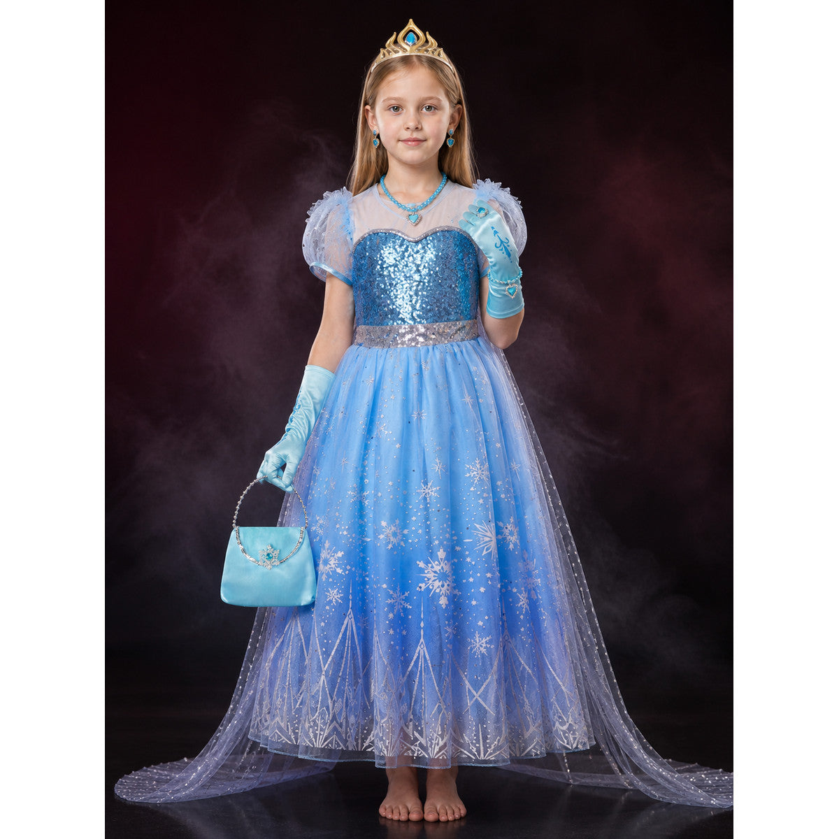 Kids Snow Queen Princess Halloween Costume Set with Sequined Blue Gown main product view