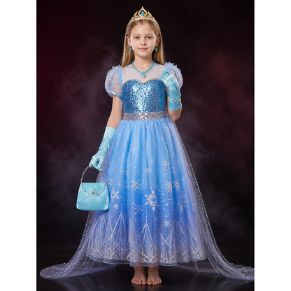 Kids Snow Queen Princess Halloween Costume Set with Sequined Blue Gown main product view
