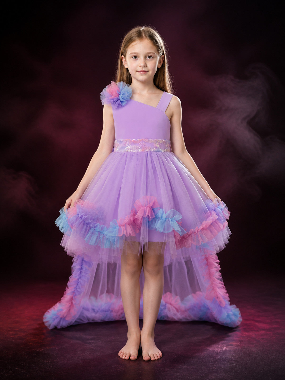 Girls' Princess Tulle Flower Girl Dress, One-Shoulder Long-Tail Party Gown main product view