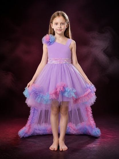 Girls' Princess Tulle Flower Girl Dress, One-Shoulder Long-Tail Party Gown main product view