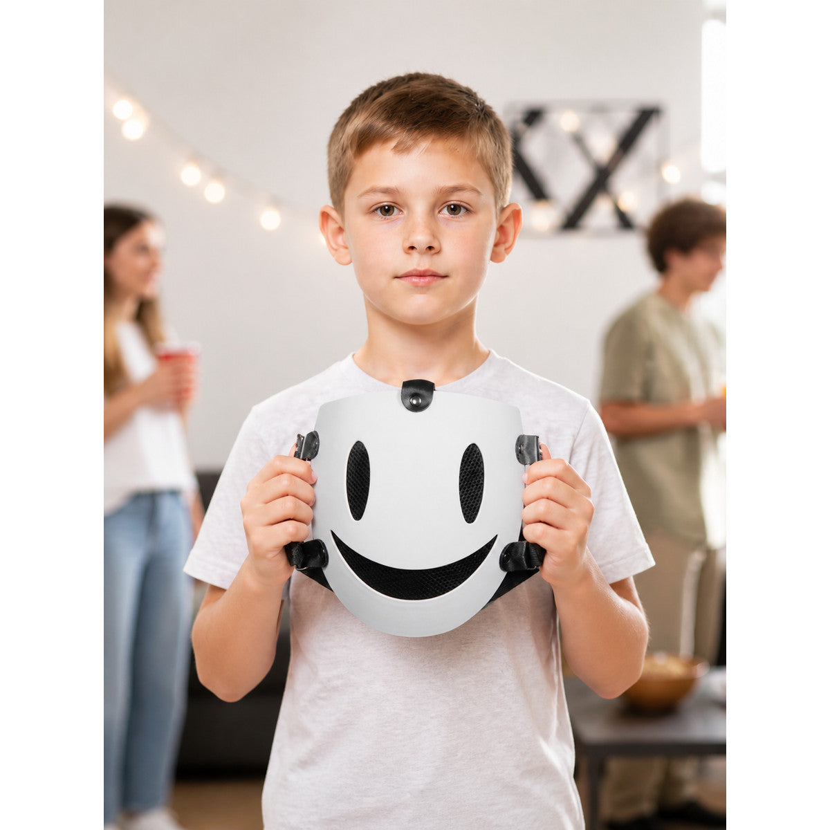 White Smiling Carnival Mask for Halloween and Cosplay lifestyle view