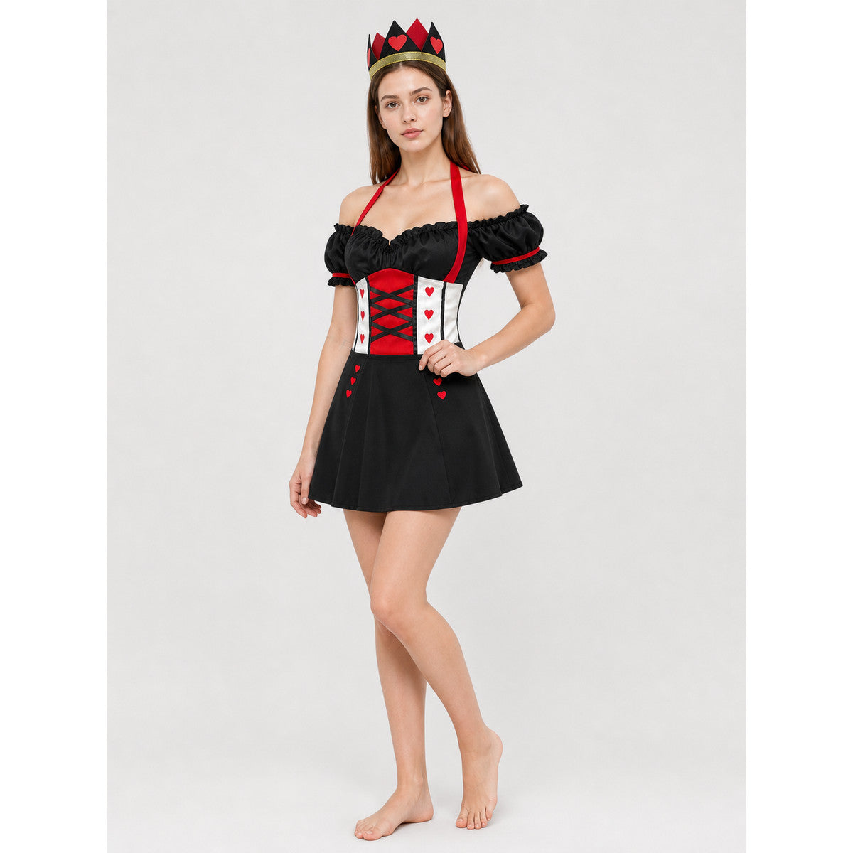 Queen of Hearts Carnival Jumpsuit Costume with Crown and Hearts