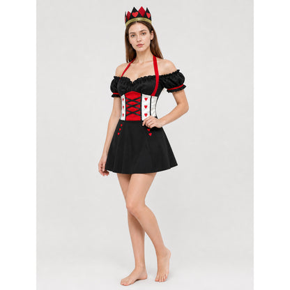 Queen of Hearts Carnival Jumpsuit Costume with Crown and Hearts