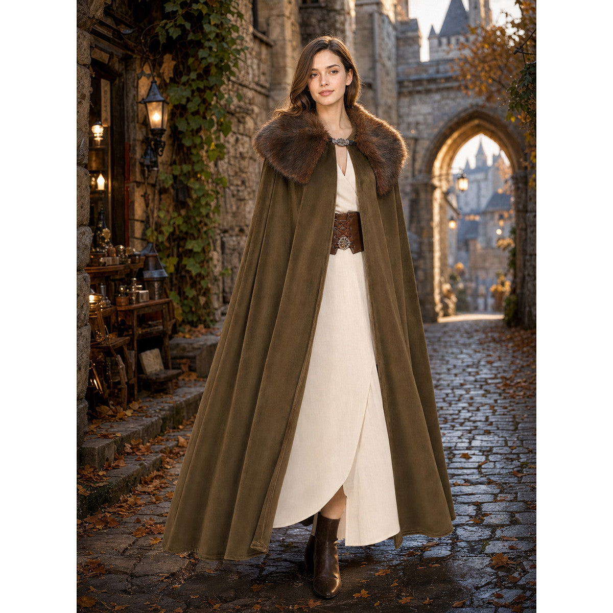 Full-length brown cape with a fur collar and open front, modeled over a light dress on a cobblestone street