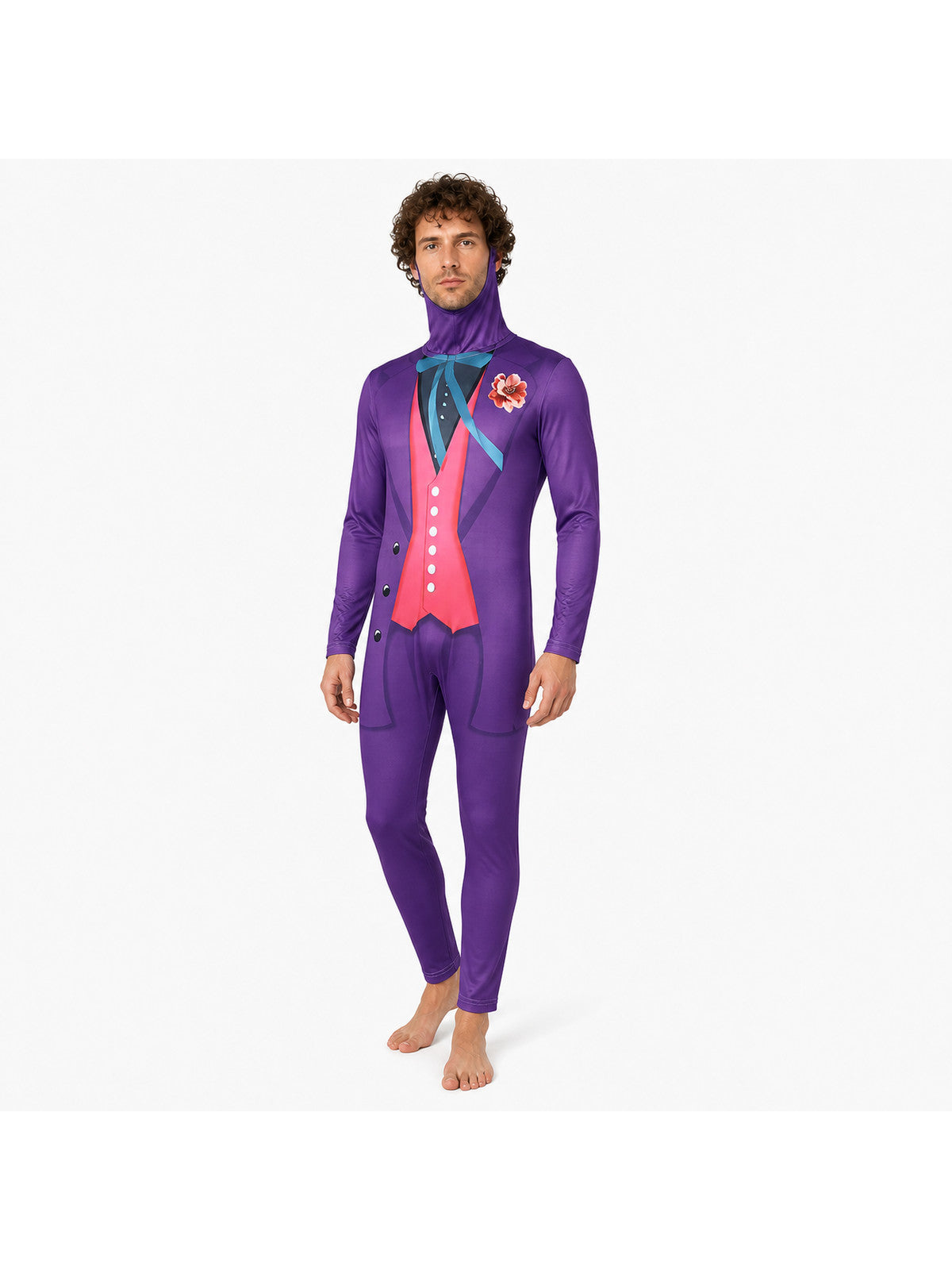 Joker cosplay jumpsuit with hood and printed design on-model front view 2