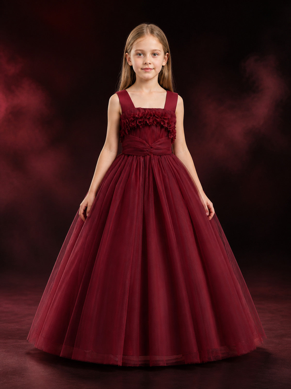 Girls' Burgundy Princess Dress, Floor-Length Tulle Formal Gown with Layered main product view