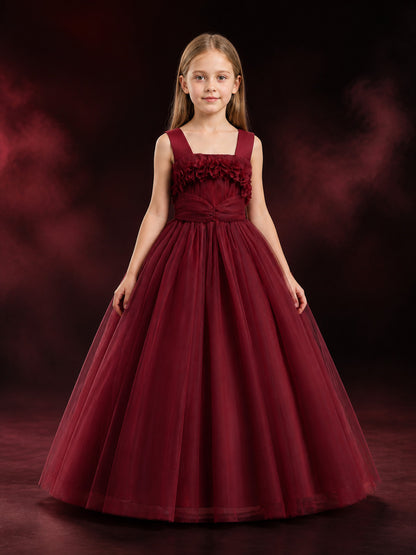 Girls' Burgundy Princess Dress, Floor-Length Tulle Formal Gown with Layered main product view