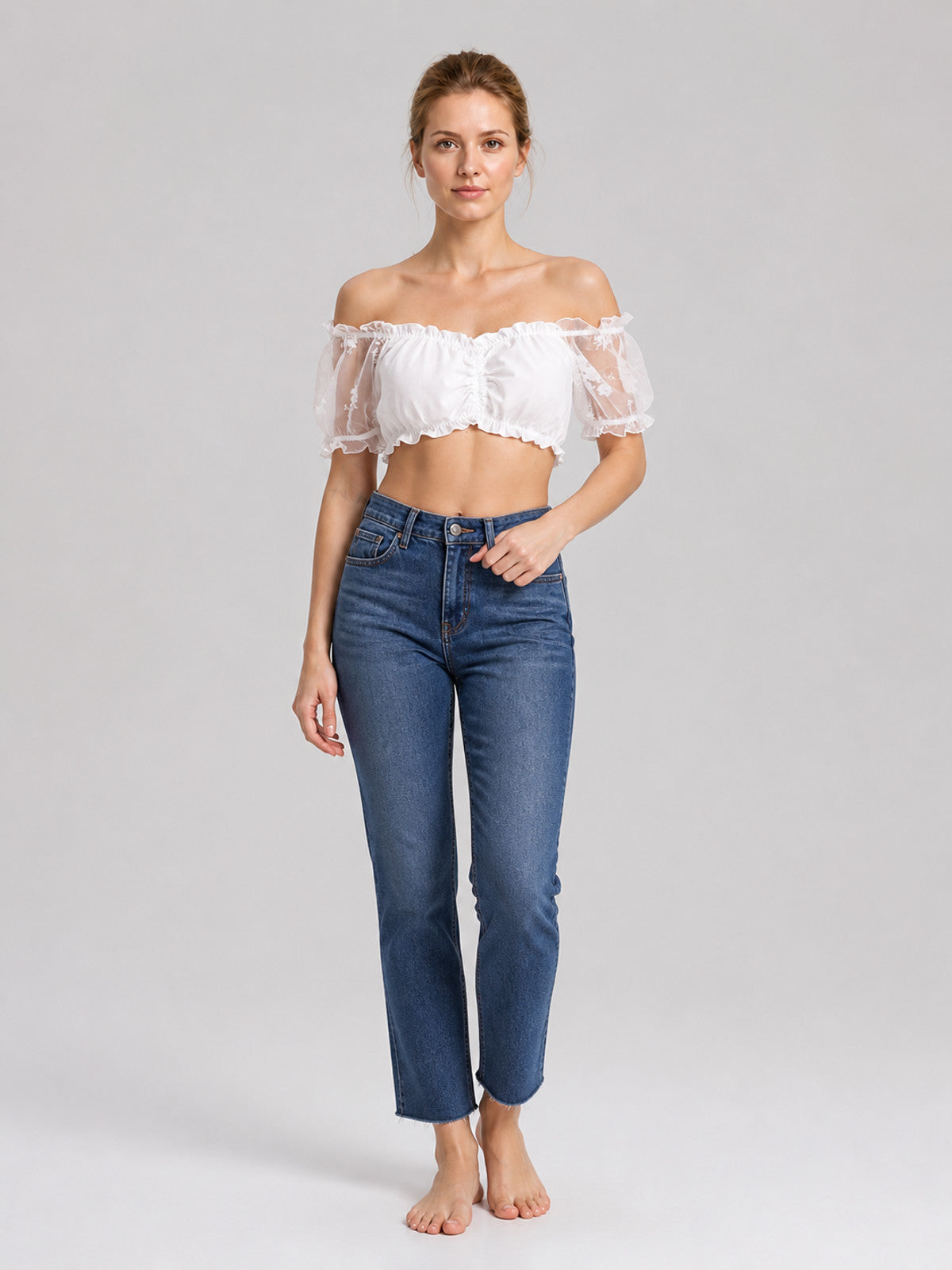 White Off-the-Shoulder Top with Puff Sleeves and Ruffles product detail