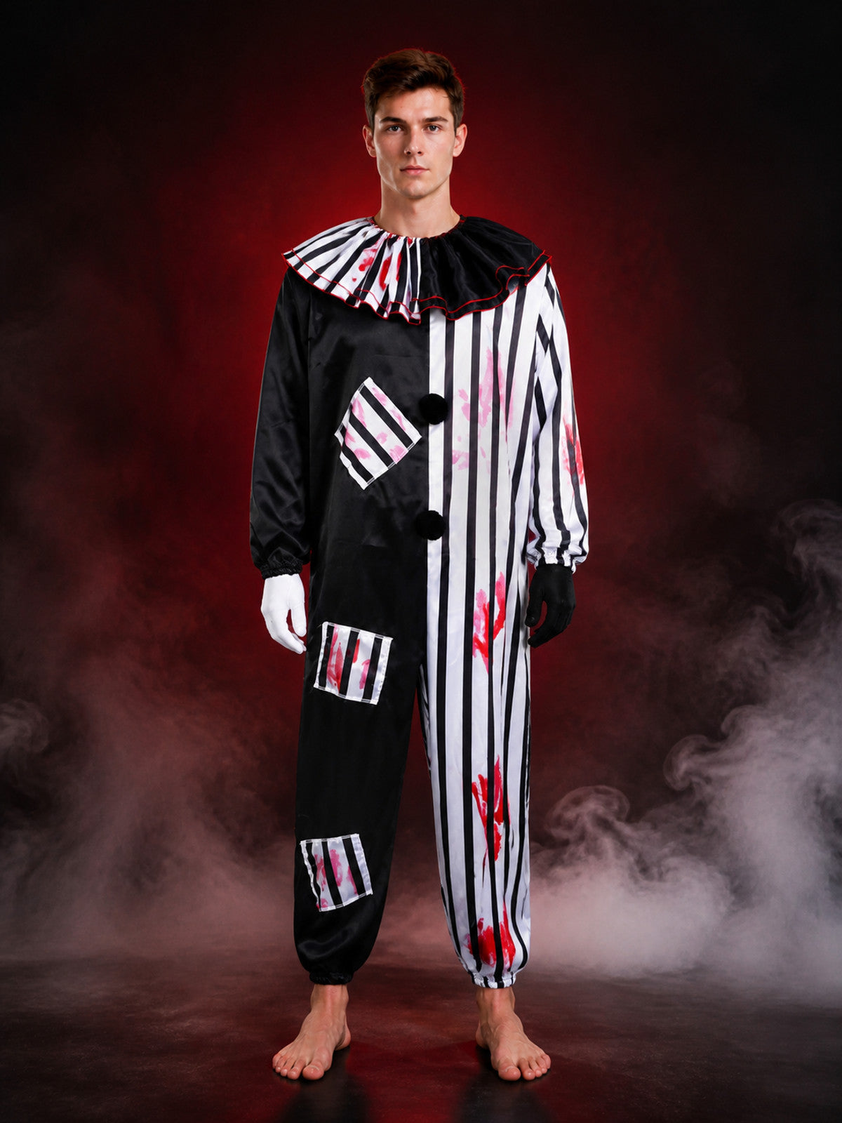 Horror Clown Jumpsuit Costume, Ruffled Collar, Striped Splatter Print