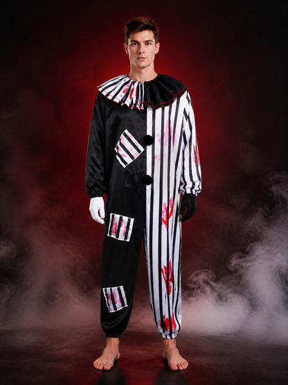 Horror Clown Jumpsuit Costume, Ruffled Collar, Striped Splatter Print