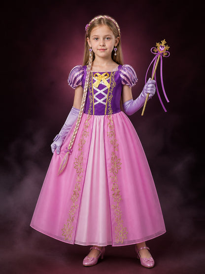 Girls' Rapunzel-Style Princess Costume Dress Set With Wig, Earrings, Gloves And
