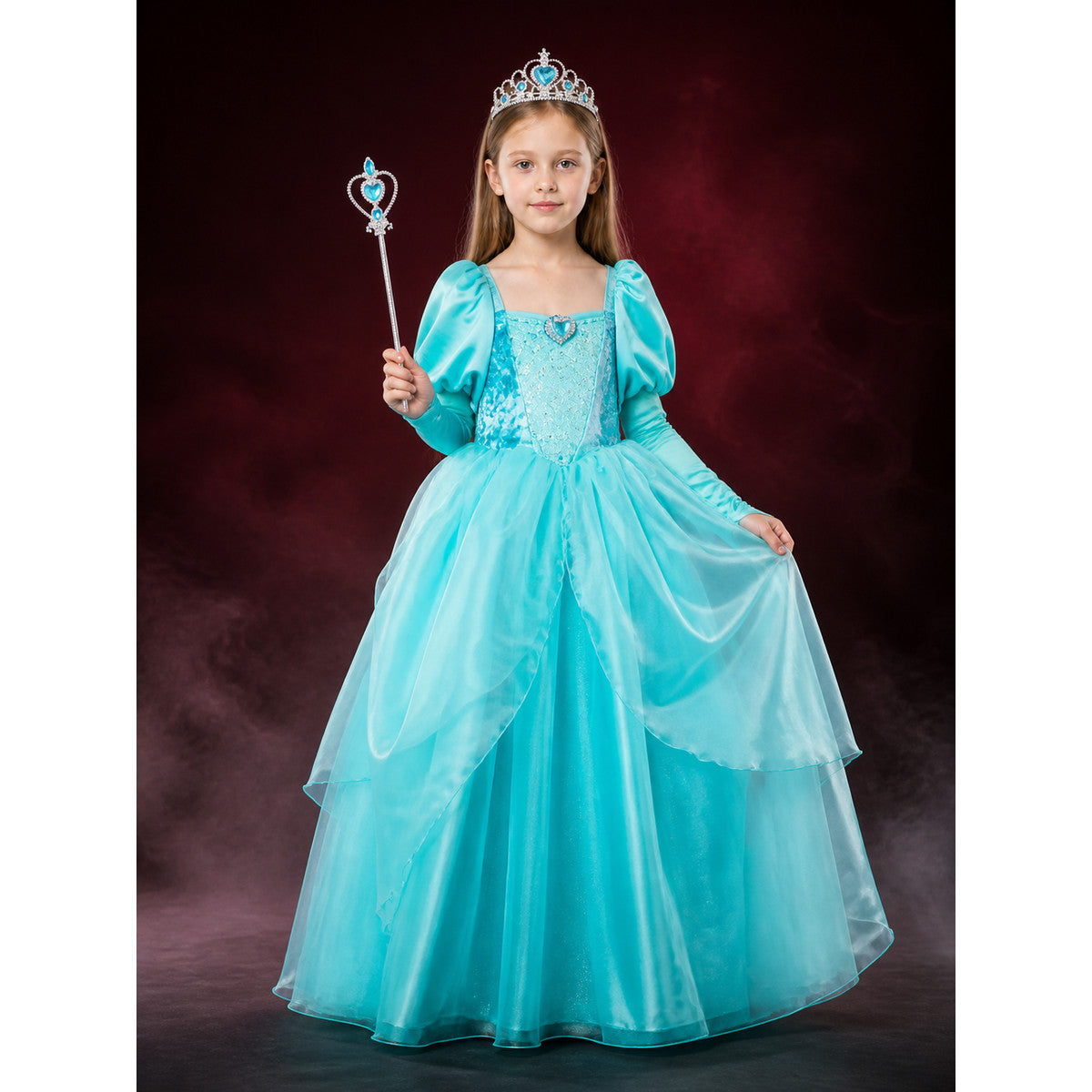 Girls Ariel Princess Costume Dress with Crown and Wand, Layered Tulle Sea Green main product view