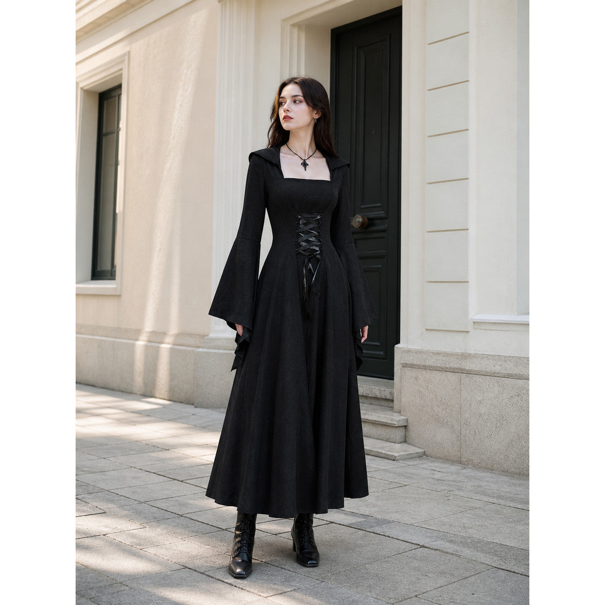 Black Gothic Hooded Dress for Cosplay and Themed Looks
