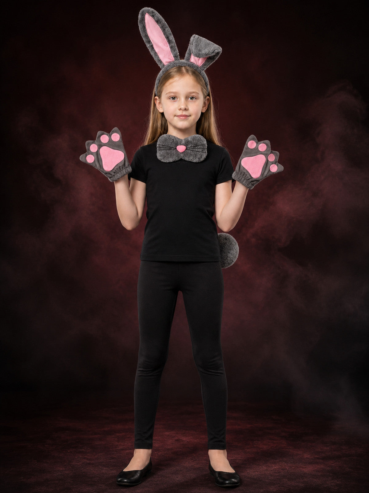 Girls' Gray Rabbit Costume Accessory Set With Ears, Paw Gloves, Bow Tie And Tail
