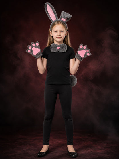 Girls' Gray Rabbit Costume Accessory Set With Ears, Paw Gloves, Bow Tie And Tail
