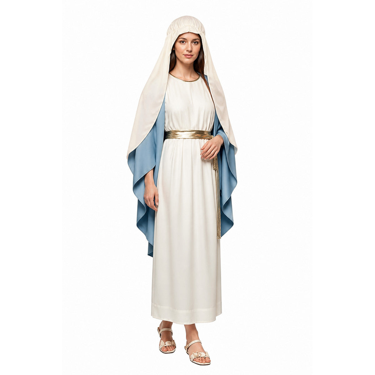 Long Dress with a Blue Cape, Scarf, and Gold Belt Costume Dresses detail