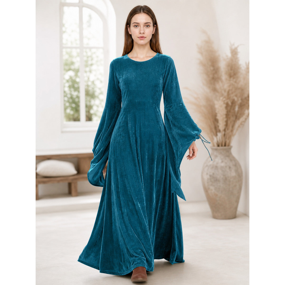 Long Retro-Style Dress with Sleeves and Belt lifestyle view