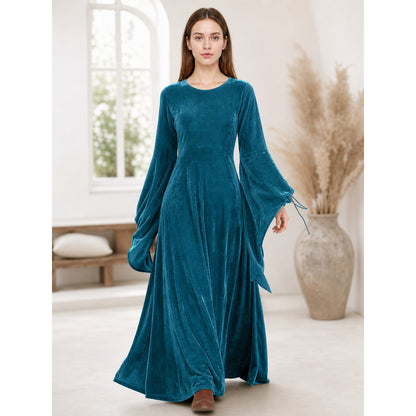 Long Retro-Style Dress with Sleeves and Belt lifestyle view