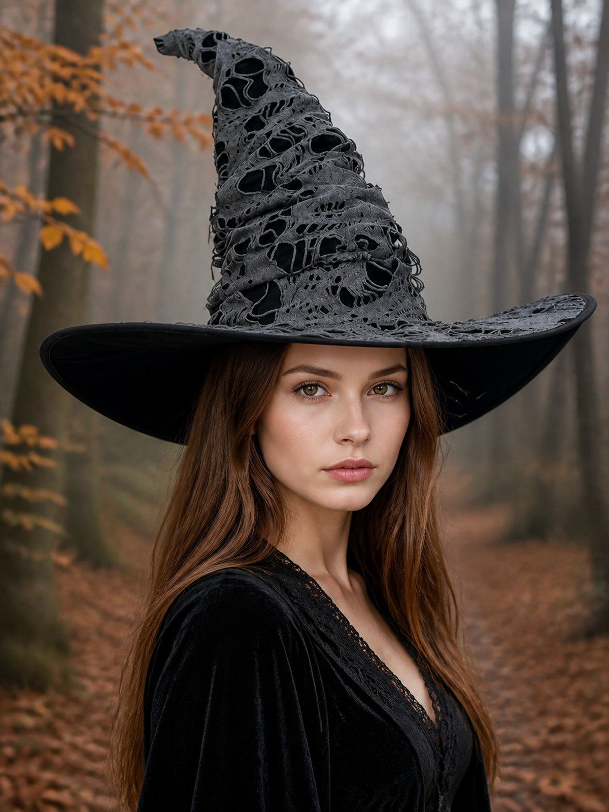 Gray Black Halloween Witch Hat For Women Wide Brim Curved Pointed Tattered Torn