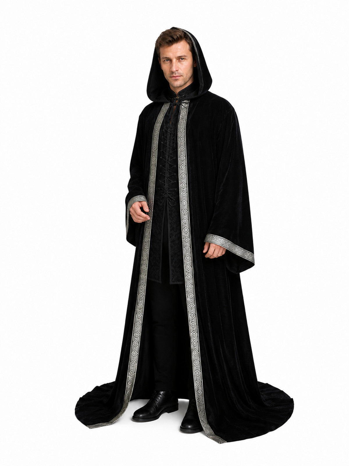 Black Hooded Cloak with Silver Trim, Godfather Death Cosplay Costume Capes detail